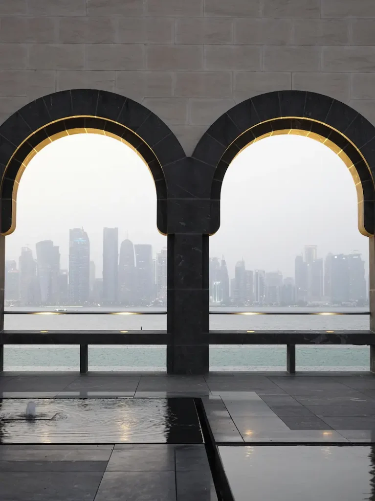 Luxury resort in Doha, Qatar with private pool, modern design, city skyline , sea view