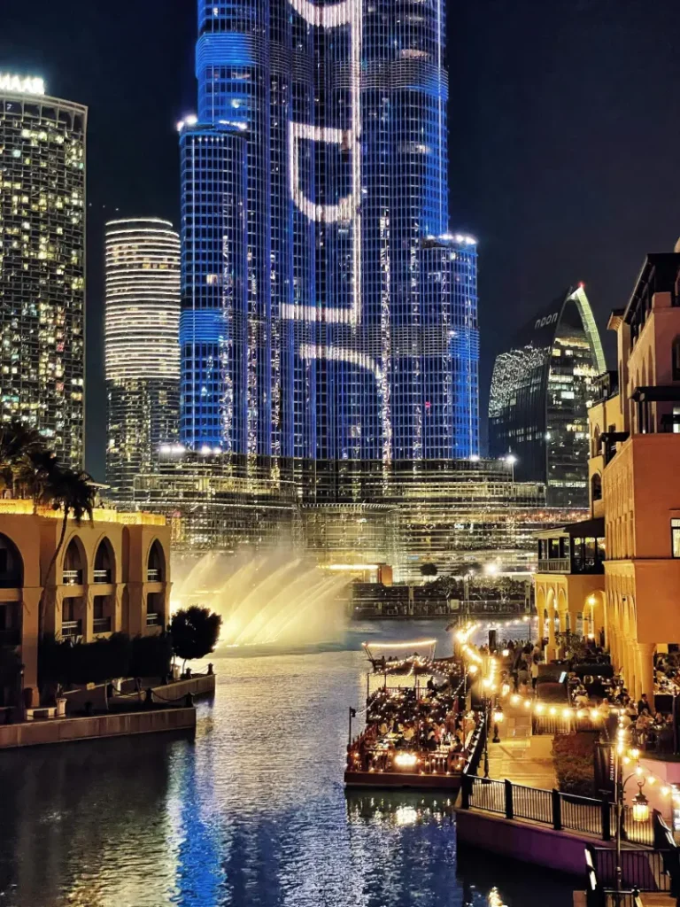 View of Burj Khalifa from Downtown Dubai with fountains”