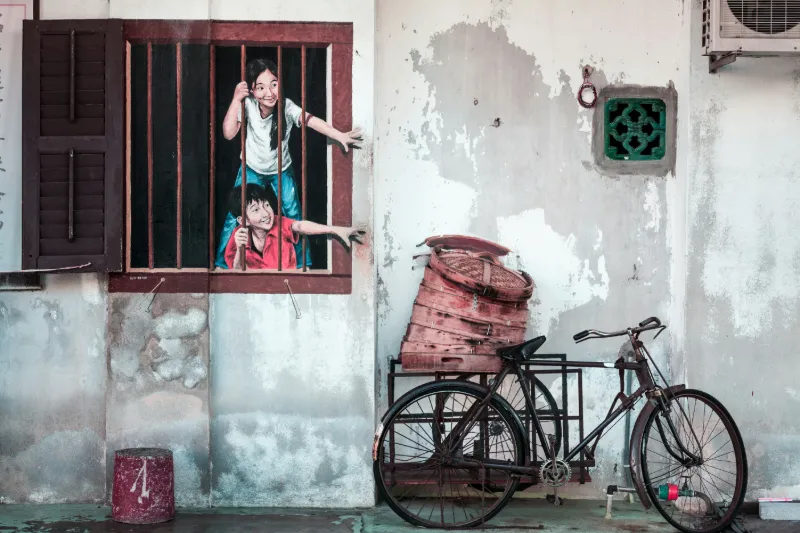 Colorful street art mural in George Town, Penang, Malaysia