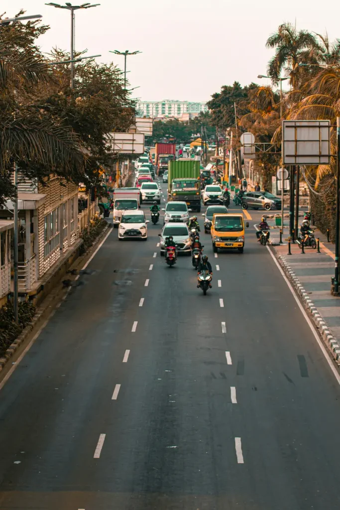 Jakarta city skyline with skyscrapers and traffic in Indonesia
