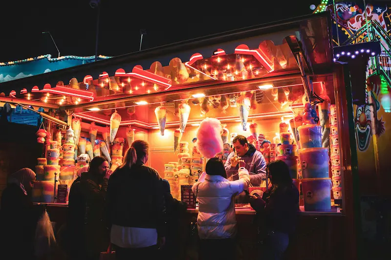 Street food cabin in Germany selling sausages, pretzels, and local snacks